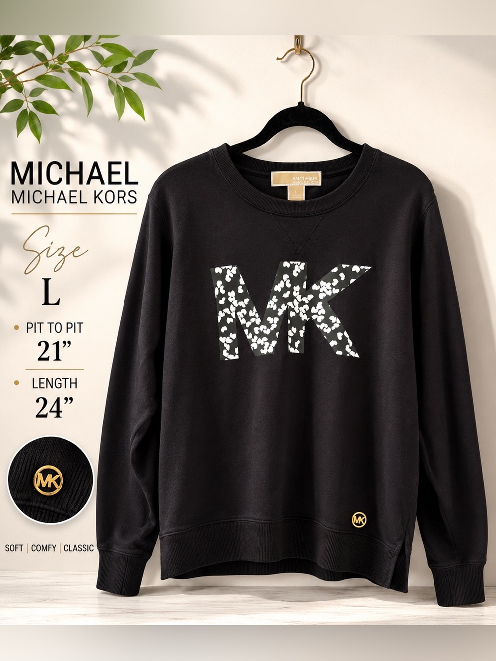 Michael Kors Black Crewneck Sweater with White Patterned MK Logo Size Large